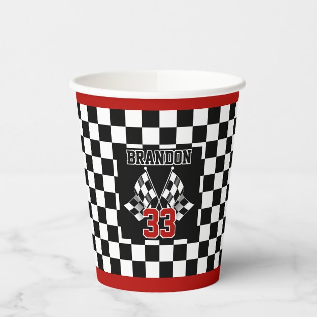 Custom Cool Black And White Chequered Flag Pattern Paper Cups (Left)