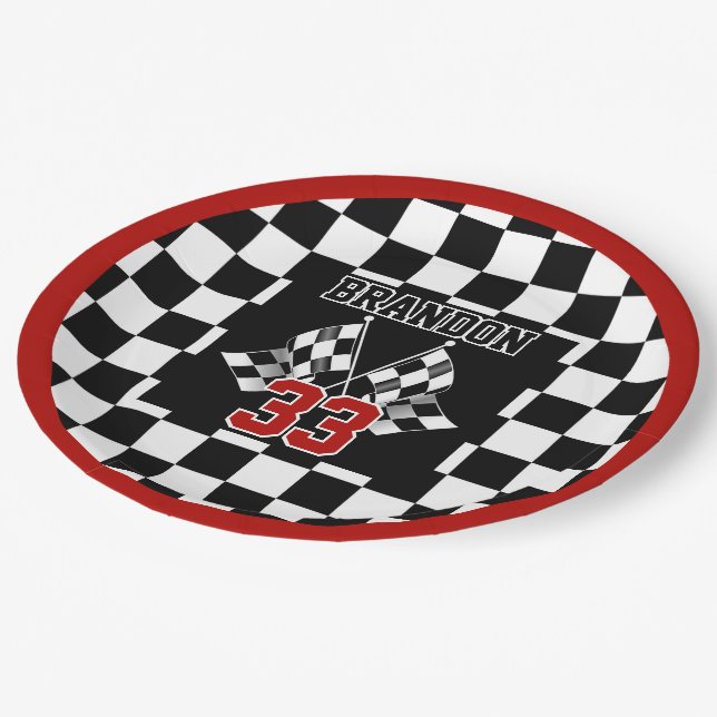 Custom Cool Black And White Chequered Flag Pattern Paper Plate (Angled)