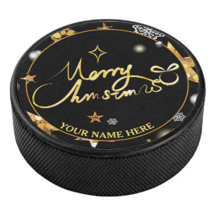 Custom Cool Gold Black Metallic Stars Merry Xmas  Hockey Puck