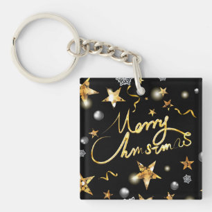 Custom Cool Gold Black Metallic Stars Merry Xmas  Key Ring