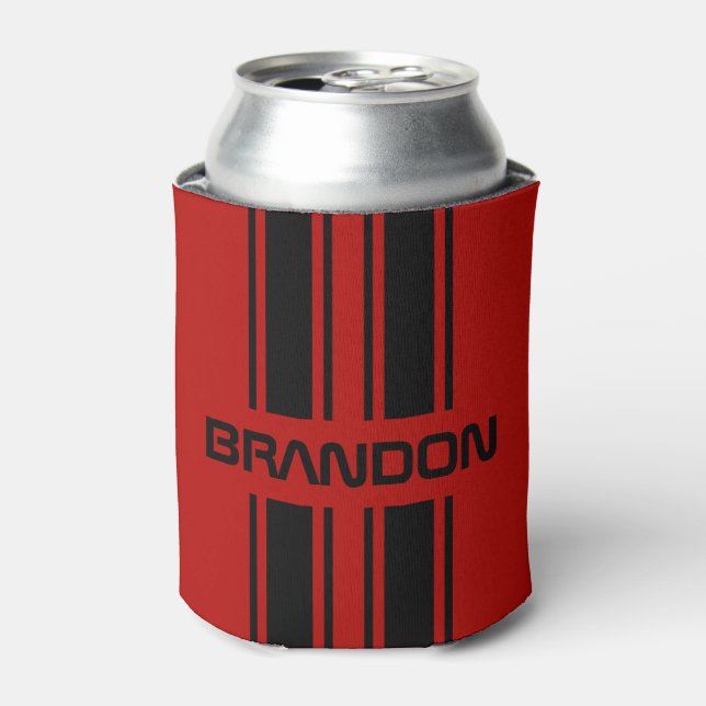 Custom Cool Red And Black Auto Race Sport Stripes Can Cooler (Can Front)