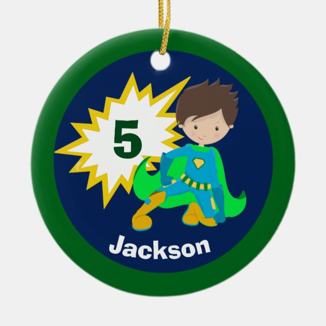 Custom Cool Superhero Kids Ceramic Tree Decoration (Front)