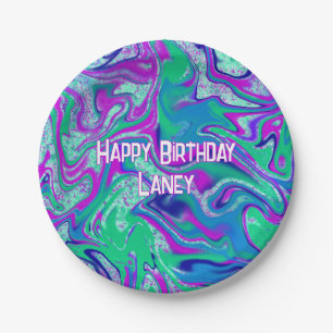 Custom Cool Teal Purple Groovy Birthday Party Paper Plate