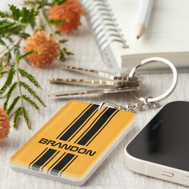 Custom Cool Yellow Black Auto Race Sport Stripe Key Ring (Front Right)