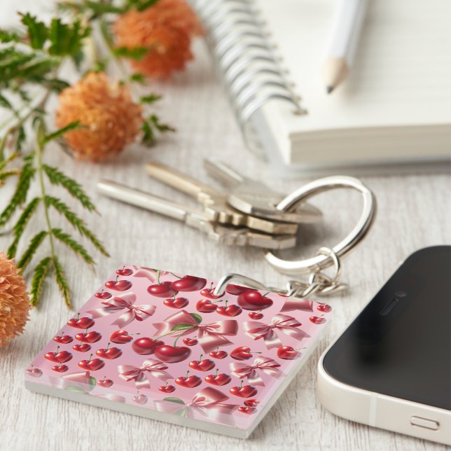Custom Coquette Heart Cherry Bow Pattern Key Ring (Front Right)