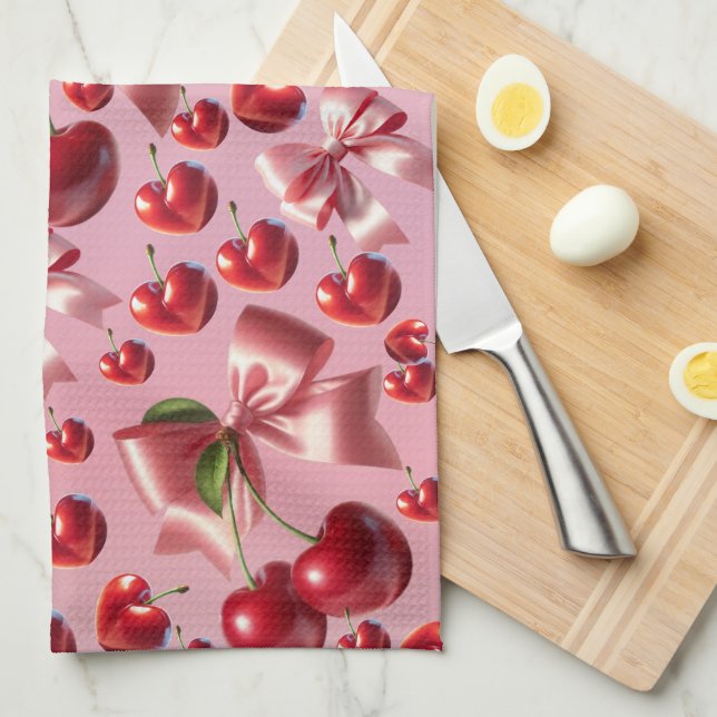 Custom Coquette Heart Cherry Bow Pattern Tea Towel (Quarter Fold)