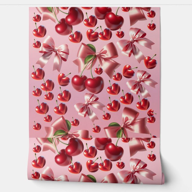 Custom Coquette Heart Cherry Bow Pattern Wallpaper (Unrolling)