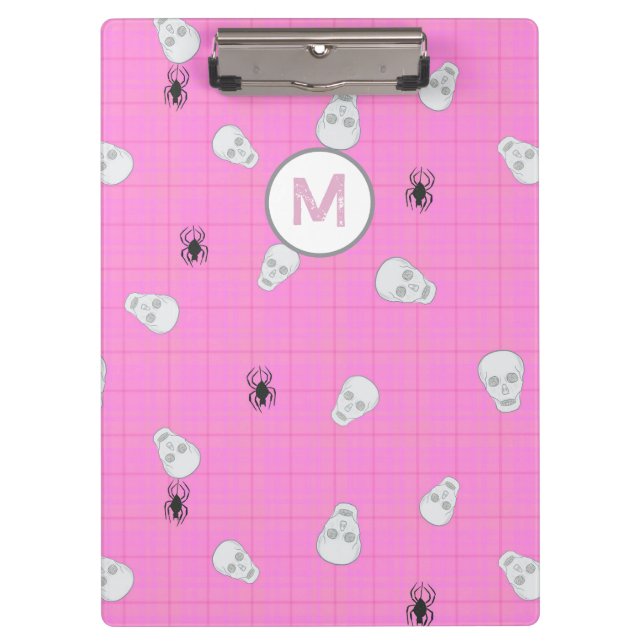 Custom Coquette Pink Plaid Halloween Skulls Clipboard (Front)