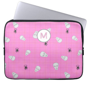 Custom Coquette Pink Plaid Halloween Skulls Laptop Sleeve