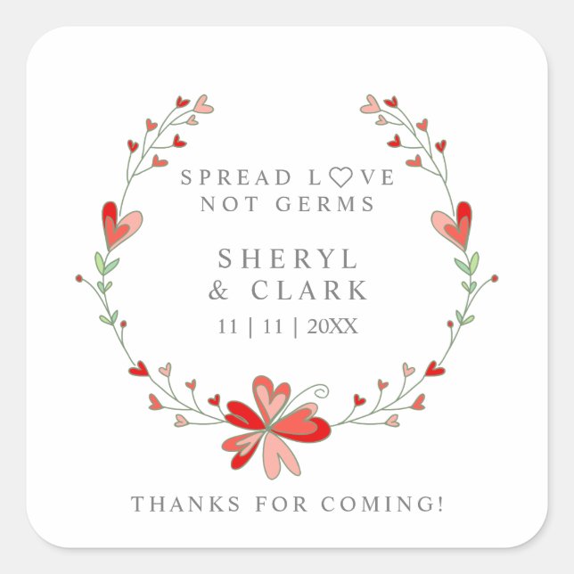 Custom Coral Floral Wreath Wedding Sanitizer Gel Square Sticker (Front)