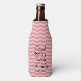 Custom coral pink chevron wedding bottle coolers