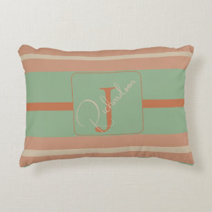 Custom Coral Sage Stripe Monogram Boho Pastel Chi Decorative Cushion