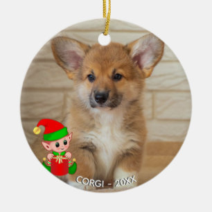 Custom Corgi Dog Photo with Cute Elf Ceramic Tree Decoration