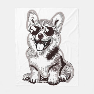 Custom Corgi Puppy with Sunglasses   Sketch Art Fleece Blanket