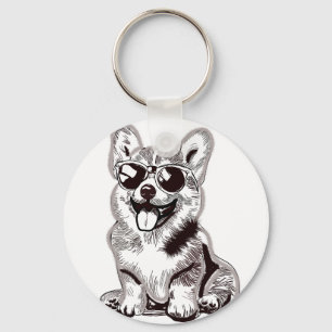 Custom Corgi Puppy with Sunglasses   Sketch Art Key Ring