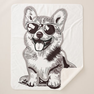 Custom Corgi Puppy with Sunglasses   Sketch Art Sherpa Blanket