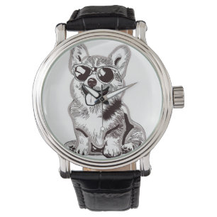 Custom Corgi Puppy with Sunglasses Sketch Art Watch