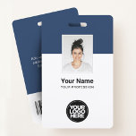 Custom Corporate Employee Name Tags Badges ID Badge<br><div class="desc">Easily personalise this Custom Employee Name Badge with Photo, Scan Bar Code and business logo. A simple business design in navy blue and white colours fully customisable in front and back sizes, sans-serif basic and modern fonts and a professional and clear look. Avaiable with lanyard, metal clip or with retractable....</div>