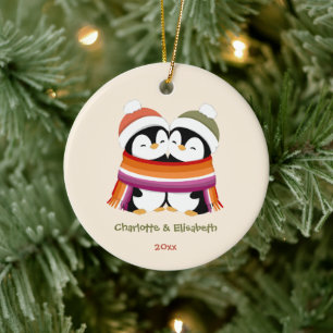 Custom Cosy Lesbian Penguins Christmas Ceramic Tree Decoration