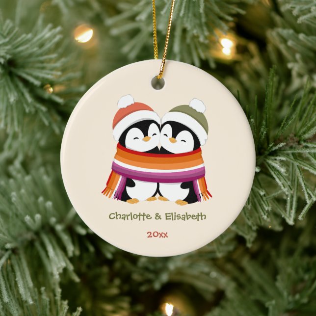 Custom Cosy Lesbian Penguins Christmas Ceramic Tree Decoration (Tree)