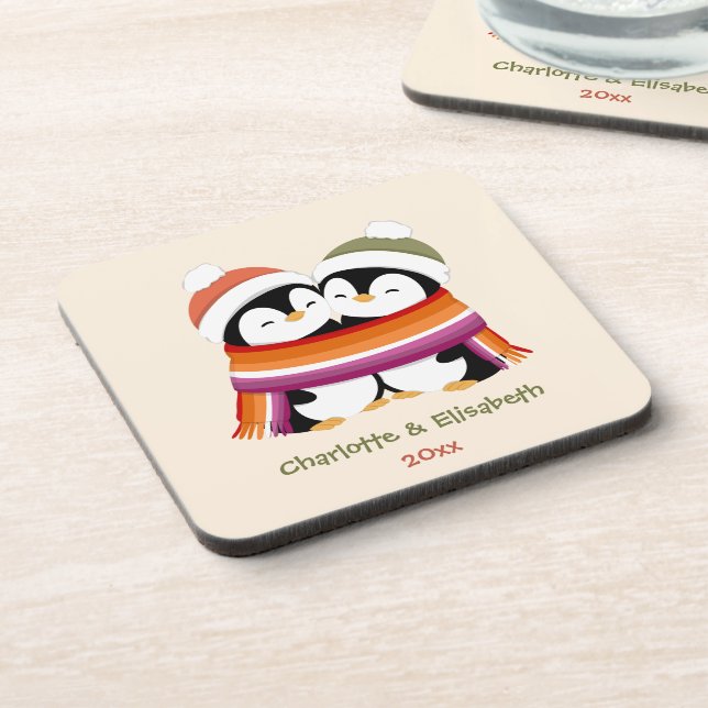 Custom Cosy Lesbian Penguins Christmas Coaster (Left Side)