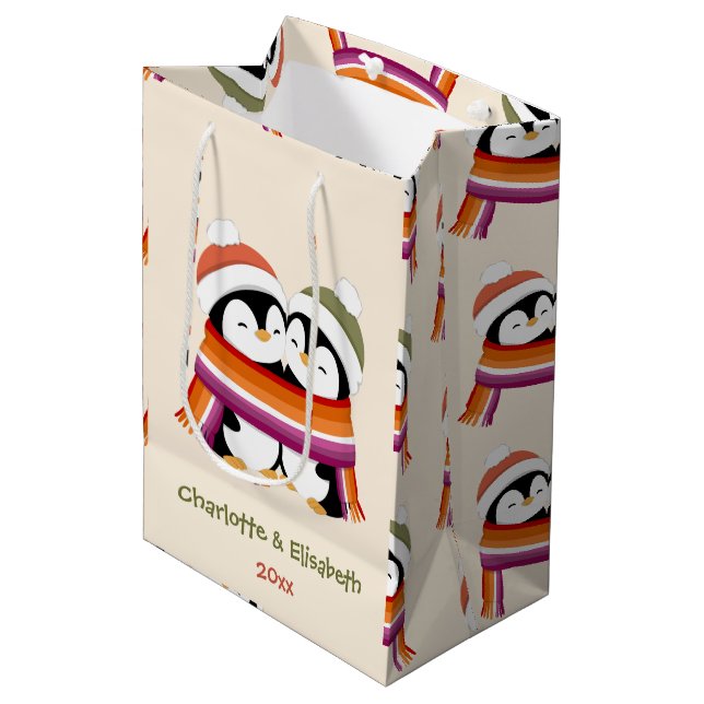 Custom Cosy Lesbian Penguins Christmas Medium Gift Bag (Front Angled)