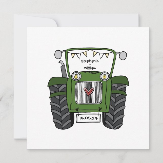Custom Country Wedding Green Tractor Invitation (Front)
