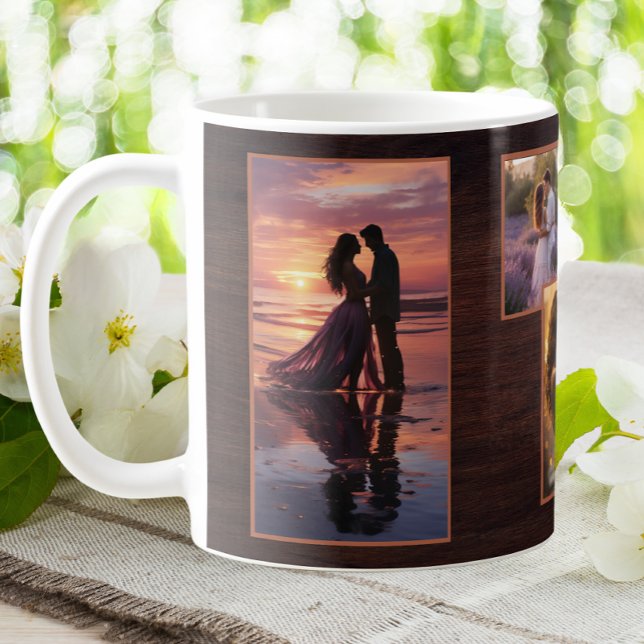 Custom Couple 4 Photo Rustic Brown Valentine Coffee Mug (Creator Uploaded)