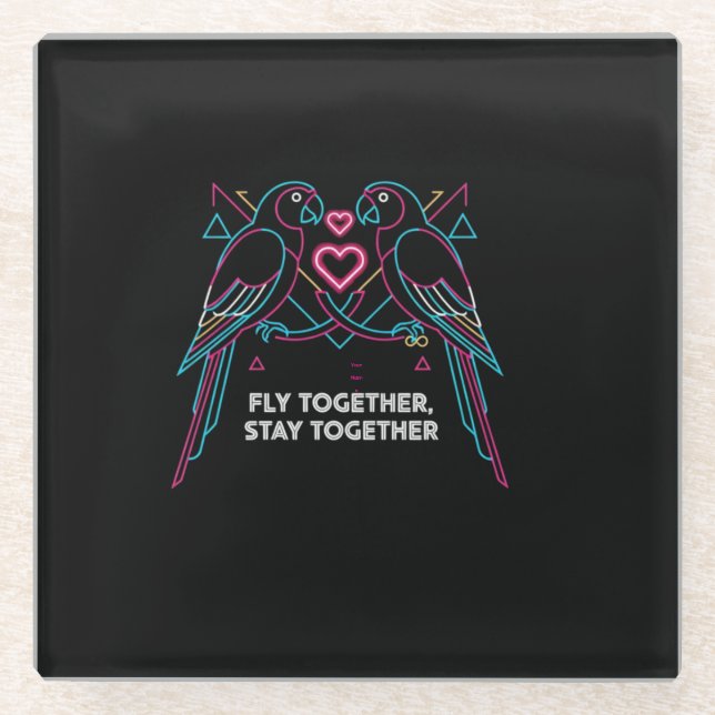 Custom Couple Anniversary Neon Parrots Winter Hood Glass Coaster (Front)