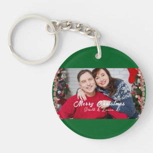 Custom Couple Christmas Photo Green Key Ring