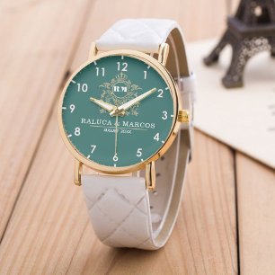Custom couple floral names monogram  green watch