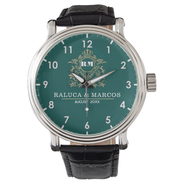 Custom couple floral names monogram  green watch (Front)