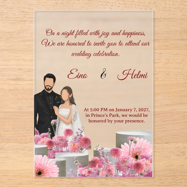 Custom Couple Floral WI.–Pink Flowers &Script Font Acrylic Invitations (Front)