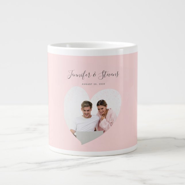 Custom Couple Heart Blush Pink Anniversary Large Coffee Mug (Front)