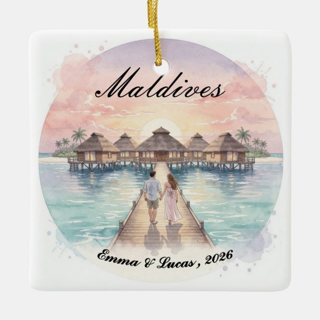 Custom Couple Maldives Honeymoon Keepsake Ceramic Ornament (Front)