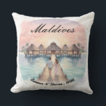 Custom Couple Maldives Honeymoon Keepsake Cushion<br><div class="desc">Transform any living space into a serene island getaway with this Personalized Watercolor Maldives Tropical Throw Pillow. This elegant, double-sided decorative accent features a stunning, hand-painted style illustration of a romantic couple walking along a wooden pier toward luxury overwater bungalows. Whether you are commemorating a 2026 honeymoon, a milestone wedding...</div>