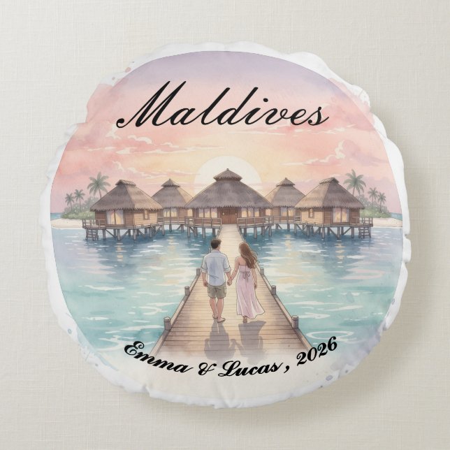 Custom Couple Maldives Honeymoon Keepsake Round Cushion (Front)