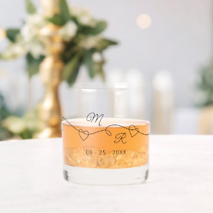 Custom Couple Monograms Black Intertwined Hearts Whiskey Glass