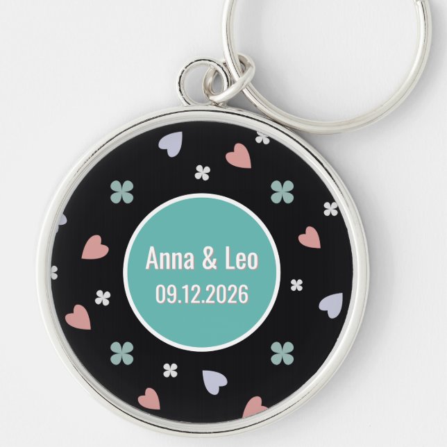 Custom Couple Names Lucky Heart Date Key Ring (Front)