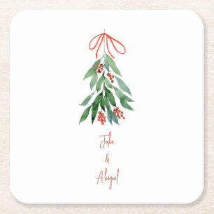 Custom Couple Names Mistletoe Christmas  Square Paper Coaster