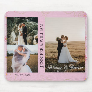 Custom Couple Photo Collage Name Wedding Pink Wood Mouse Pad