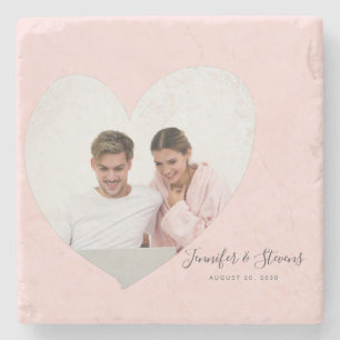 Custom Couple Photo Heart Blush Pink Stone Coaster