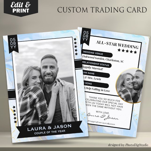 Custom Couple Trading Card, Blue Wedding Keepsake Calling Card (Wedding Trading Card Template, Custom Couple Trading Card, Wedding Thank You Card Blue Gold & Black)