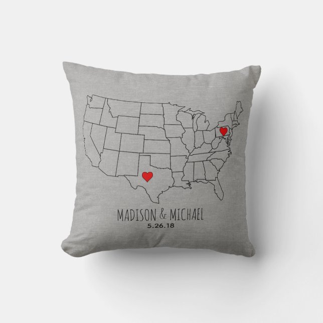 Custom couple USA state heart map names & date Cushion (Front)