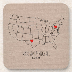 Custom couple USA state map names & date heart map Coaster