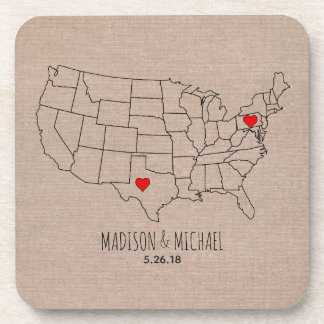 Custom couple USA state map names & date heart map Coaster