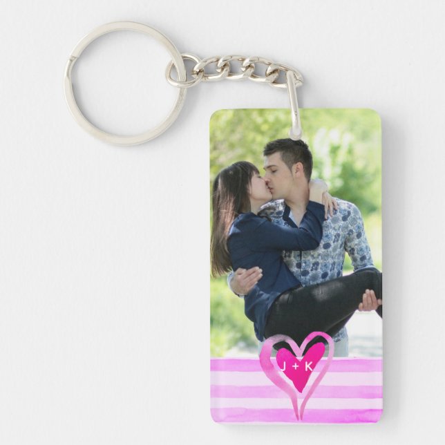 Custom Couples 2 X Photo Watercolor Heart Key Ring (Front)