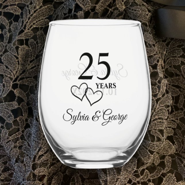 Custom Couples Name Keepsake 25th Anniversary Gift Stemless Wine Glass (Personalize glass with couples names and 25th wedding anniversary date for anniversary keepsake gift)