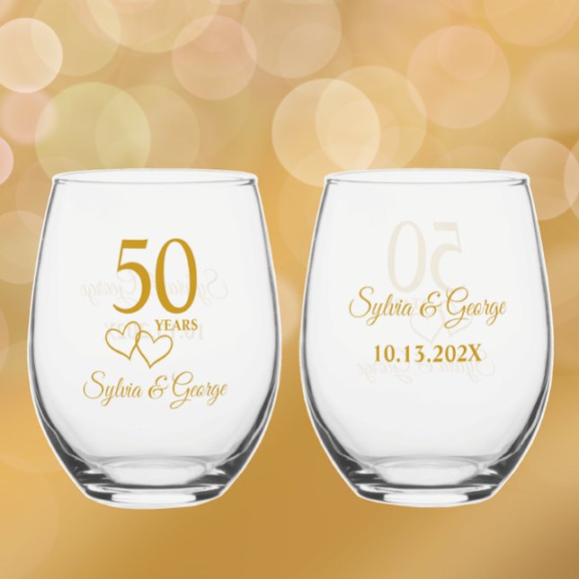 Custom Couples Name Keepsake 50th Anniversary Gift Stemless Wine Glass (Personalize these unique golden 50th anniversary stemless wine glasses. Keepsake gift.)