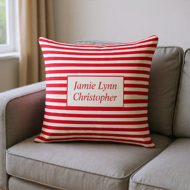 Custom Couples Names Red/White Stripes Cushion (Creator Uploaded)